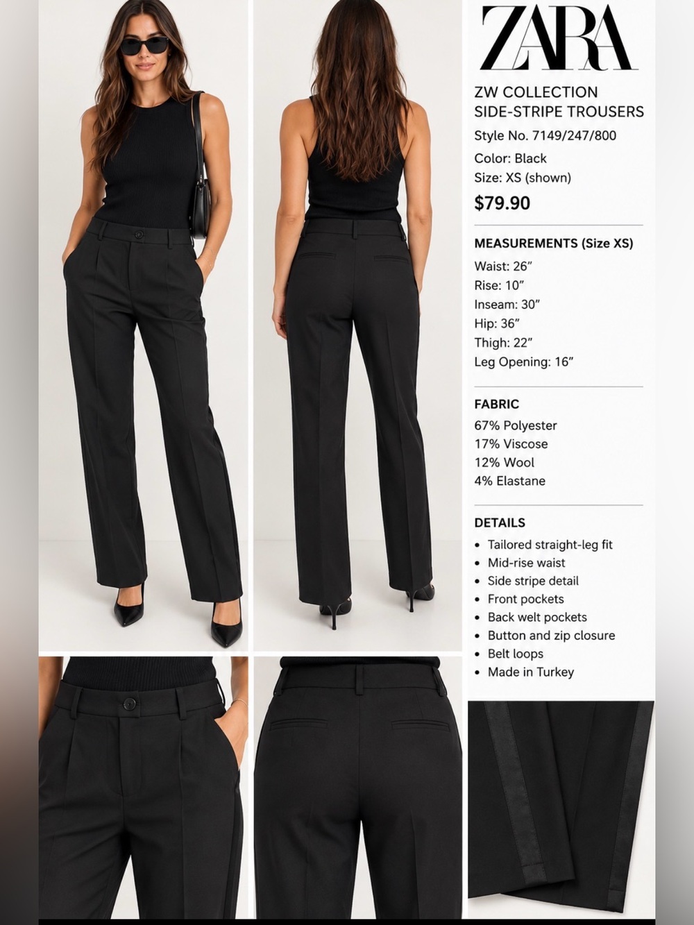 ZARA Black Tailored Side-Stripe Trousers, Size XS